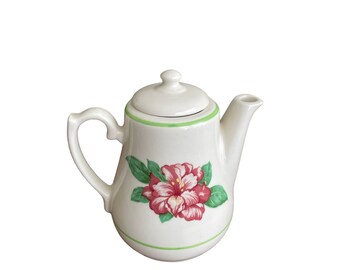 Vintage Homer Laughlin China Greenbriar Hotel Tea Pot With Lid, Pink Hibiscus, Restaurant Ware Green White