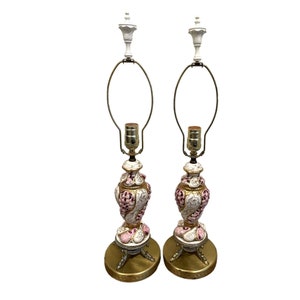 Pair of Vintage Italian Romantic Rococo Pink Pierced Ceramic Table Lamps Brass Ornate