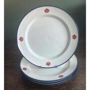 Four Dansk 10.5" Dinner Plates Cobalt Blue Trim Rust Flower