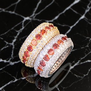 Anillo de aro rojo con incrustaciones de hip-hop personalizado, moderno anillo de diamantes con circonita cúbica bañado en oro, joyería de lujo.