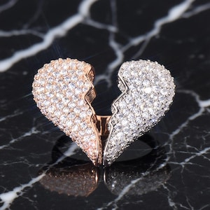 Custom Hip-Hop Personality Broken Heart Ring, Trendy Personality Gold Plated Iced Out CZ Diamond Ring, Luxury Fashion Jewelry Gifts