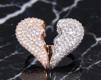 Bague coeur brisé personnalisée personnalité hip-hop, personnalité tendance bague diamant CZ glacé plaqué or, cadeaux bijoux fantaisie de luxe