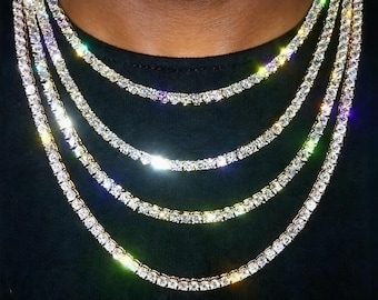 Collar de cadena de tenis con diamantes de circonita cúbica brillantes de 3 mm, 4 mm, 5 mm y 6 mm para hombre y mujer. Regalos de joyería.