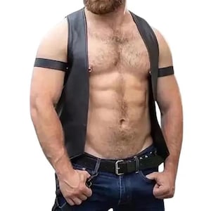 Men Premium Leather Bartender Vest Cowhide Bar Waistcoat Open Front Vintage Style, Handmade Gay Bar Vest Open Front Vintage Style Party Vest