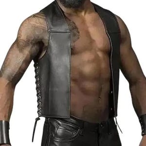 Men Premium Leather Bartender Vest Cowhide Bar Waistcoat Open Front Vintage Style, Handmade Gay Bar Vest Open Front Vintage Style Party Vest