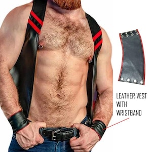 Men Premium Leather Bartender Vest With Real Leather Wristband, Cowhide Bar Waistcoat Open Front Vintage Style, Handmade Gay Bar Party Vest