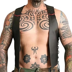 Men Premium Leather Bar Vest, Handmade Leather Vest, Real Leather Bar Vest, Side and Back Laces Vest, Open Front Side Laces Leather Vest