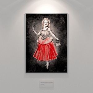 Puede incluir: Una obra de arte enmarcada que presenta un boceto de una mujer con un vestido rojo y un pequeño bolso. La obra es un boceto a lápiz con un fondo oscuro. El vestido de la mujer es de un rojo vibrante, contrastando con los tonos blanco y negro.