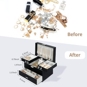 May include: A black multi-tiered jewellery box with a white interior, featuring a top compartment with necklace hooks, a middle tray, and a bottom drawer. Dimensions are labelled as 6.3 inches wide, 9.1 inches long, with 0.79, 1.97, and 1.57 inch sections.