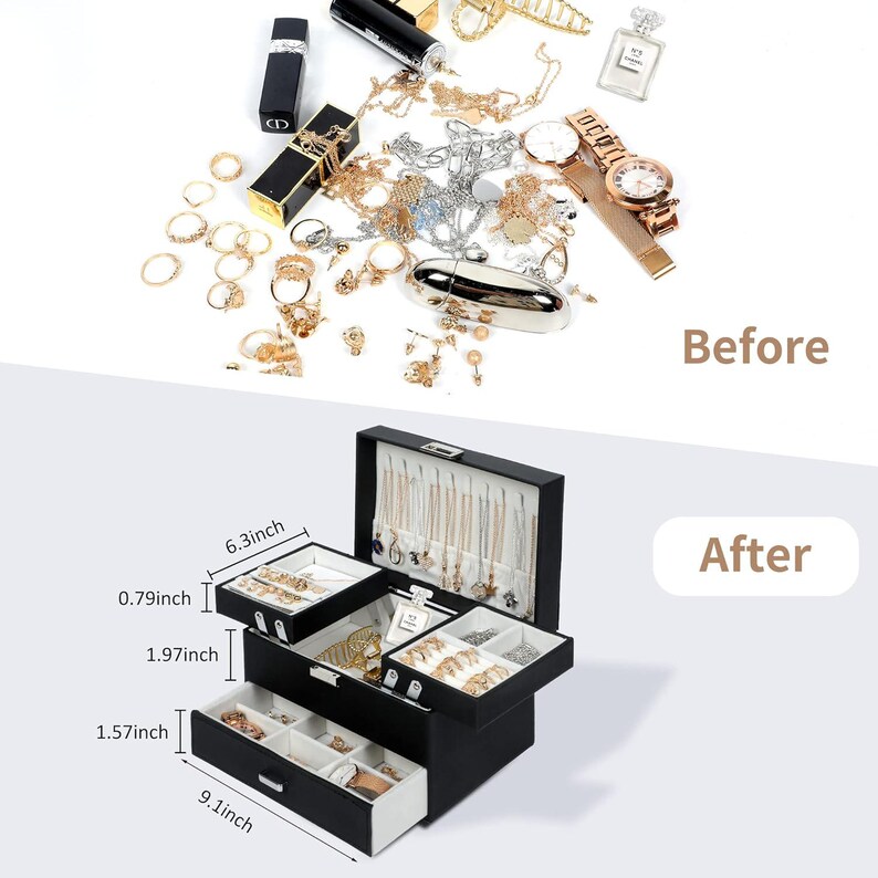 May include: A black multi-tiered jewellery box with a white interior, featuring a top compartment with necklace hooks, a middle tray, and a bottom drawer. Dimensions are labelled as 6.3 inches wide, 9.1 inches long, with 0.79, 1.97, and 1.57 inch sections.