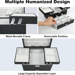 May include: A black jewellery box with a white interior, featuring a metal movable frame, removable partitions, and a large-capacity separation layer. The text Multiple Humanized Design, Metal Movable Frame, Removable Partition, and Large-Capacity Separation Layer are visible.