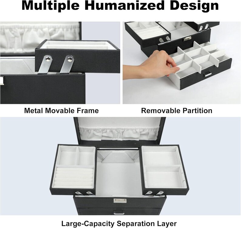 May include: A black jewellery box with a white interior, featuring a metal movable frame, removable partitions, and a large-capacity separation layer. The text Multiple Humanized Design, Metal Movable Frame, Removable Partition, and Large-Capacity Separation Layer are visible.