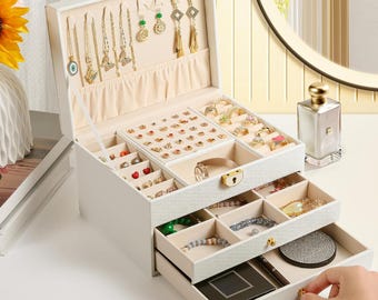 3-Layer PU Leather Jewelry Box Organizer with Lock & Velvet Lining