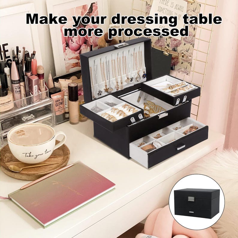 3-Layer Jewelry Box Organizer with Lock: PU Leather Velvet Case image 6