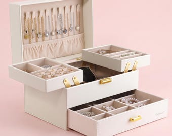 3-Layer Jewelry Box Organizer with Lock: PU Leather Velvet Case