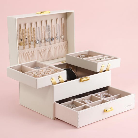 3-Layer Jewelry Box Organizer with Lock: PU Leather Velvet Case