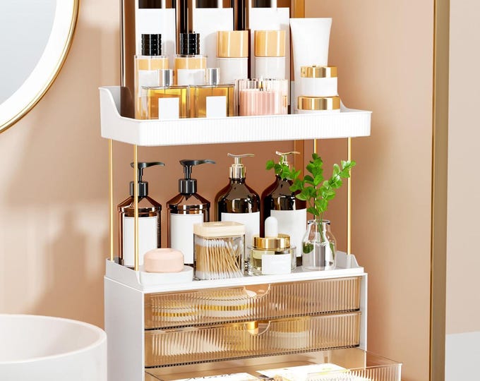 Handmade Mirrored Cosmetic Organizer - 3 Drawer Mirror Bathroom Vanity Desktop Jewelry Makeup Storag