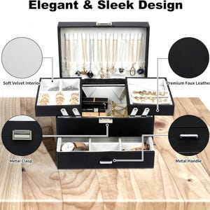 May include: A black jewellery box with a white velvet interior, featuring multiple compartments for necklaces, rings, and watches. The box includes a metal clasp, a metal handle, and is labelled with text including Elegant & Sleek Design, Soft Velvet Interior, Premium Faux Leather, Metal Clasp, and Metal Handle.