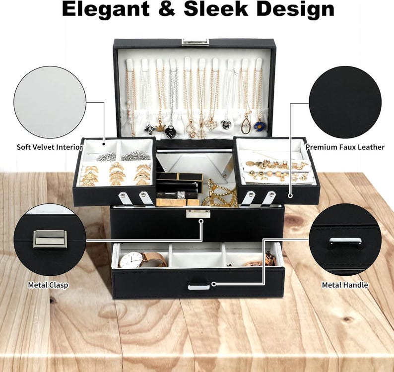 May include: A black jewellery box with a white velvet interior, featuring multiple compartments for necklaces, rings, and watches. The box includes a metal clasp, a metal handle, and is labelled with text including Elegant & Sleek Design, Soft Velvet Interior, Premium Faux Leather, Metal Clasp, and Metal Handle.