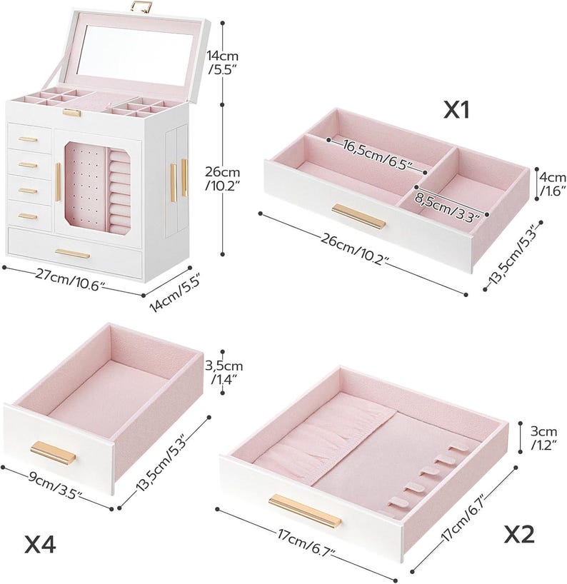 May include: A white jewelry box with a mirror, drawers, and compartments. The box is 10.6 inches wide, 10.2 inches tall, and 5.5 inches deep. It has gold-colored handles and a pink interior. Includes four drawers and a top compartment.