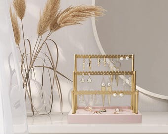 Wood Earring Organizer Stand: Gold Metal Jewelry Display