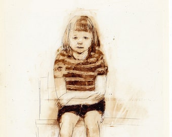 Girl  In A Striped Shirt original technique engraving drawing illustration