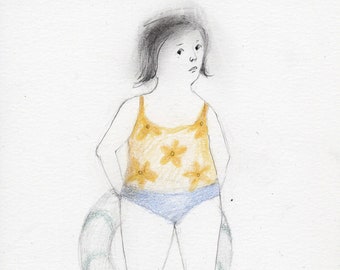 Swimmer Girl with Lifebuoy original illustration drawing portrait
