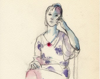 Dreaming Woman original illustration pencil watercolor portrait