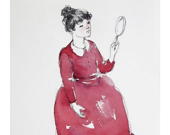 Girl with Mirror original illustration painting portrait