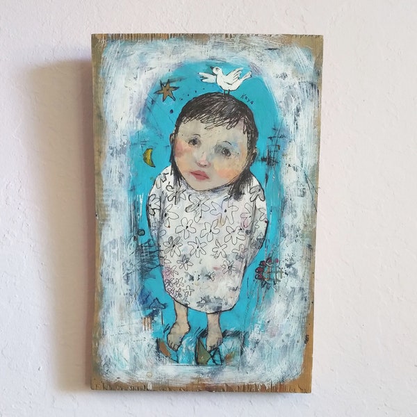 Girl and Bird original painting portrait home decor wood