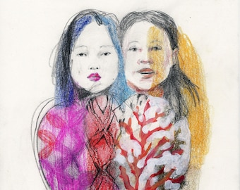 Women Together original illustration drawing mixed media portrait