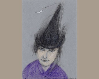 Black Hat Witch original illustration drawing woman portrait