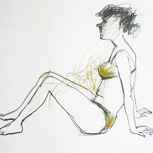 Sun Bathing woman original drawing people figurative art sketch