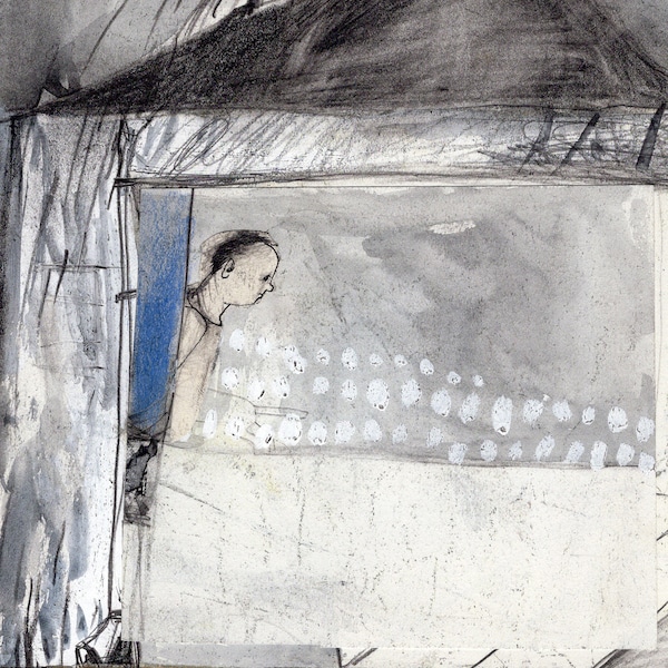 Out of the Box Rain original illustration drawing painting mixed figurative