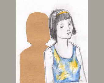 Girl and Her Shadow original illustration drawing collage portrait