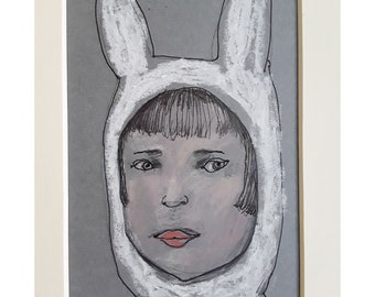 Child as Bunny portrait Matted original drawing figurative art