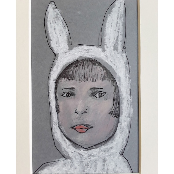 Child as Bunny portrait Matted original drawing figurative art