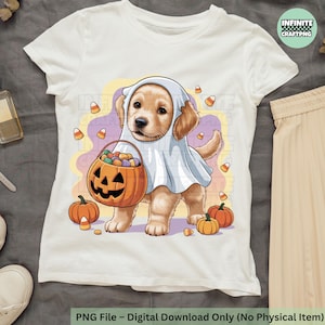 Cute Dog Trick or Treat, Ghost Puppy Halloween, Golden Retriever Png, Puppy in Ghost Costume, Candy Bucket Dog PNG, Sublimation, Girly Png