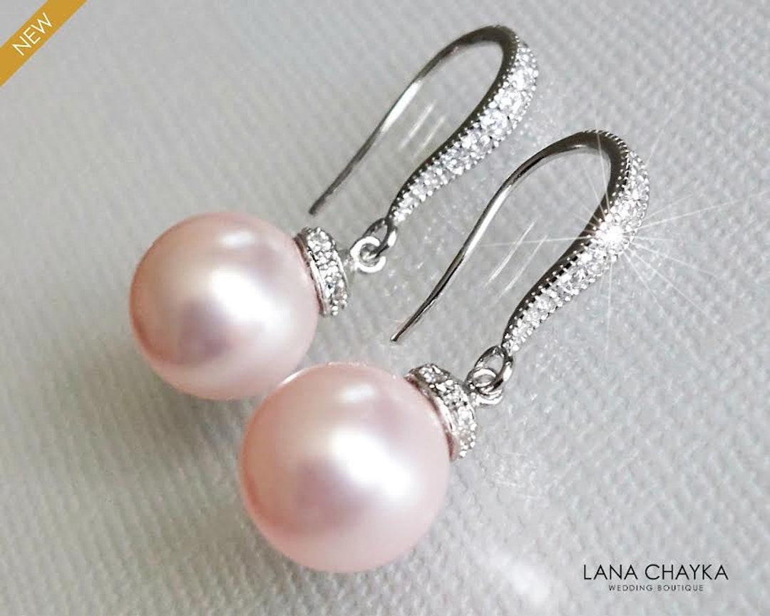 Pink Pearl Drop Earrings, Blush Pink Wedding Earrings, Rosaline Pink Pearl Silver Earrings ...