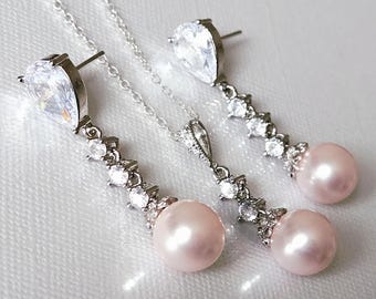 Blush Pink Pearl Jewelry Set, Light Pink Wedding Earrings Necklace Set, Blush Pink Bridal Earrings, Pink Pearl Pendant, Pink Pearl Jewelry