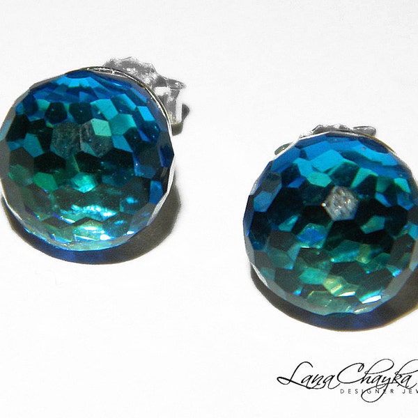 Swarovski Bermuda Blue Fireball Crystal Earrings Studs 925 Sterling Silver Wedding Maid of Honor Gift FREE US Shipping