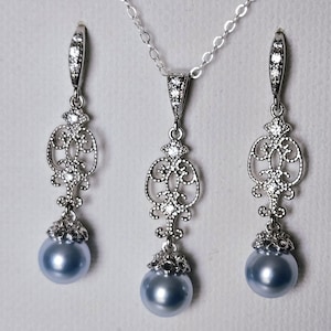 Blue Pearl Wedding Jewelry Set, Blush Blue Earrings Necklace Set, Blue Chandelier Earrings, Light Blue Bridal Jewelry, Blue Pearl Prom Set