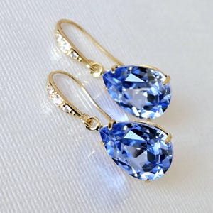 Blue Crystal Teardrop Earrings, Blue Sapphire Gold Earrings, Light Blue Dangle Wedding Earrings,  Sapphire Bridal Bridesmaid Prom Earrings