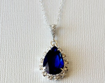 Navy Blue Teardrop Necklace, Dark Blue Crystal Halo Pendant, Wedding Bridal Blue Necklace, Navy Crystal Wedding Jewelry, Deep Blue Necklace