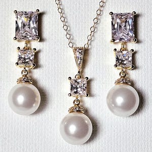 White Pearl Golden Jewelry Set, White Pearl Wedding Earrings Necklace Set, Pearl Gold CZ Dangle Earrings, Pearl CZ Necklace, Bridal Jewelry