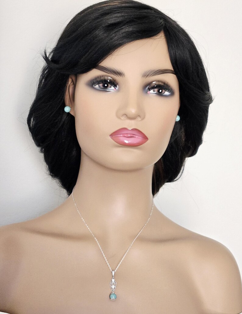 Jade Mint Pearl Silver Earrings Necklace Set, Aqua Green Pearls Studs, Jade Women Jewelry image 2