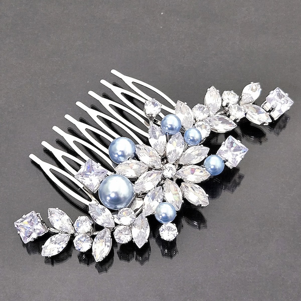 Blue Pearl Cubic Zirconia Bridal Side Hair Comb, Blush Blue Wedding Hairpiece, Prom Headpiece