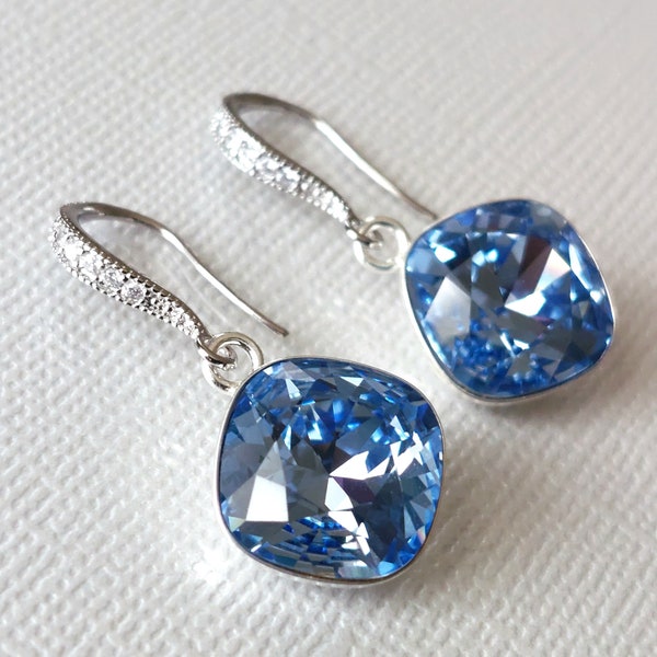 Light Sapphire Crystal Earrings, Light Blue Cushion Earrings, Sky Blue Crystal Silver Dangle Earrings, Light Sapphire Wedding Bridal Jewelry