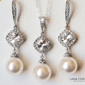 Pearl Bridal Jewelry Set, White Pearl Wedding Earrings Necklace Set, Pearl Chandelier Earrings, White Pearl Pendant, Wedding Pearl Jewelry EarringsNecklace SET