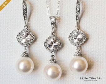 Pearl Bridal Jewelry Set, White Pearl Wedding Earrings Necklace Set, Pearl Chandelier Earrings, White Pearl Pendant, Wedding Pearl Jewelry